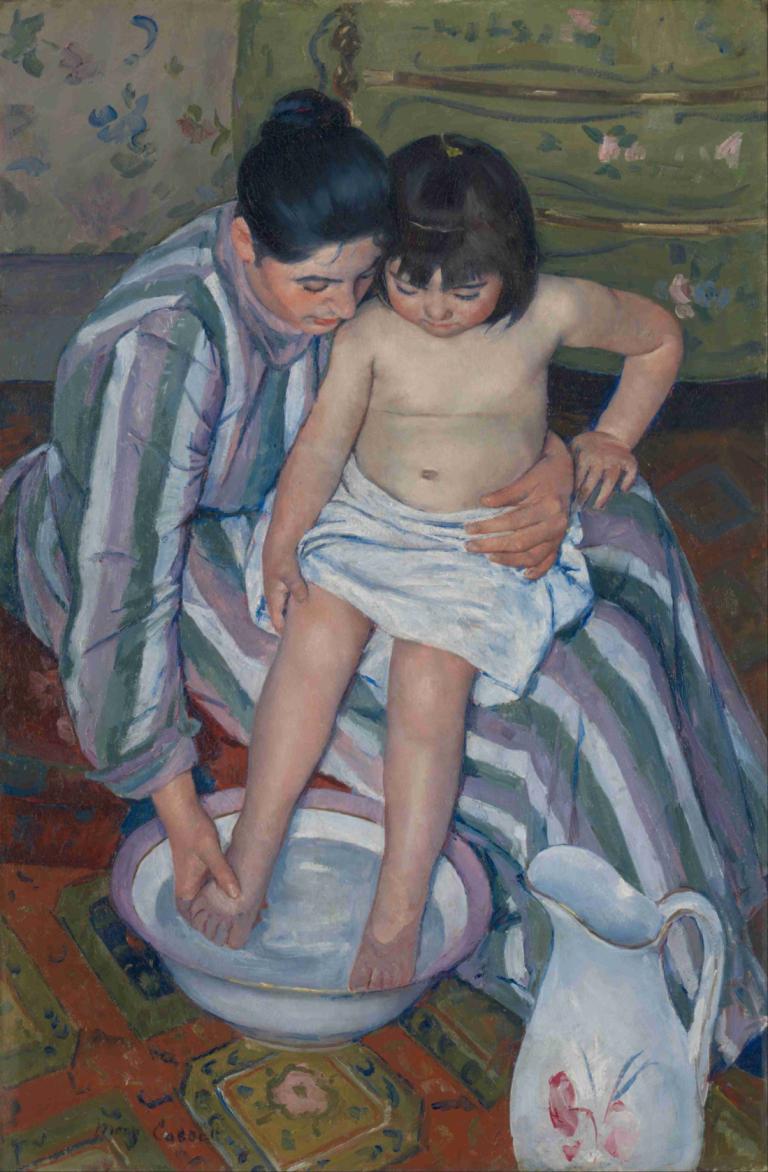 The Child's Bath,子供の風呂,Mary Cassatt,メアリー・カサット,油絵,油絵, 1女の子, 黒髪, 男の子1名, 裸足, 座っている, 縞模様の, シャツ, ショートヘア, カップ, へそ