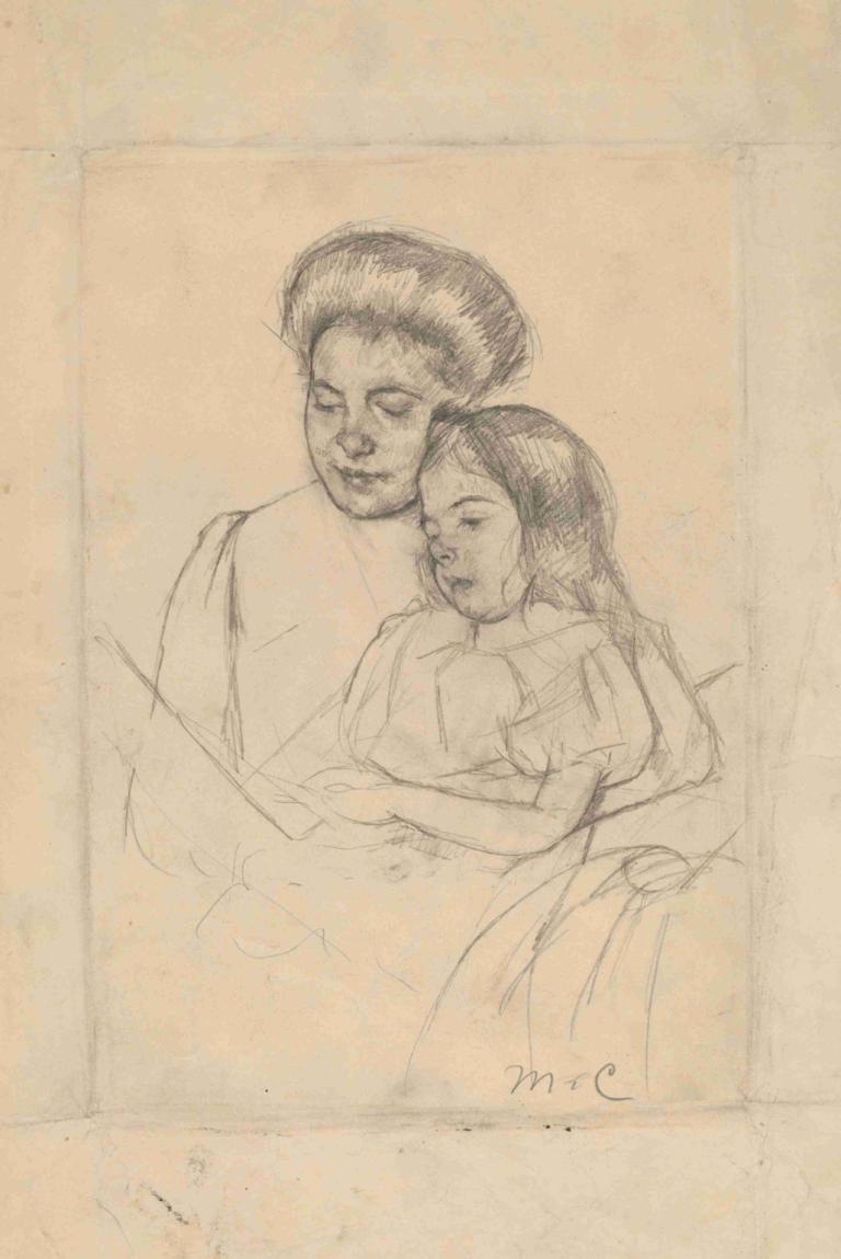 The Picture Book (No. 1),Mary Cassatt,Sketch,Sketch, 1girl, 1boy, sketch, monochrome, facial hair