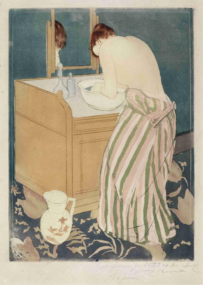 Woman Bathing,Badande kvinna,Mary Cassatt,Oljemålning,Oljemålning, 1 tjej, solo, randig, skjorta, brunt hår