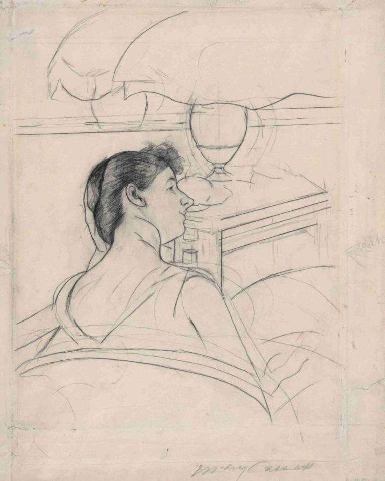 Woman and Lamp,Kvinna och lampa,Mary Cassatt,Skiss,Skiss, skiss, svartvit, 1 pojke, traditionella medier