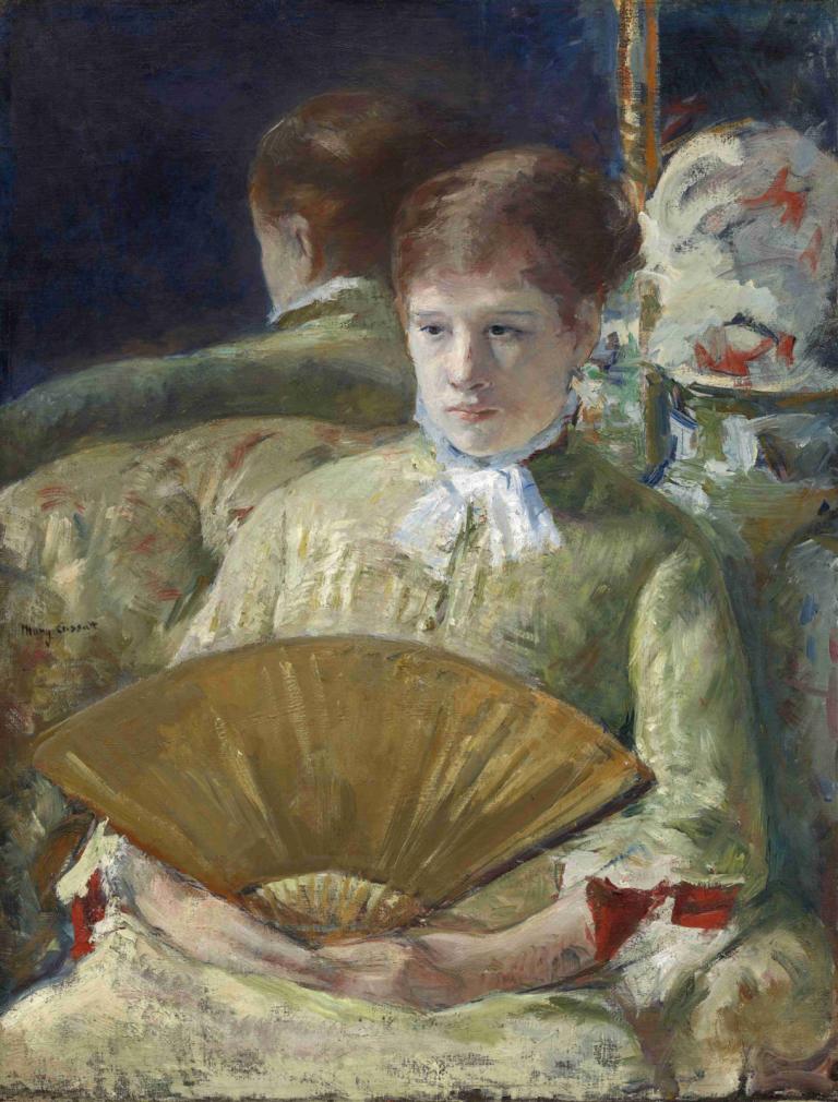 Woman with a Fan,Kvinna med fläkt,Mary Cassatt,Oljemålning,Oljemålning, handfläkt, spegel, 1 tjej, brunt hår