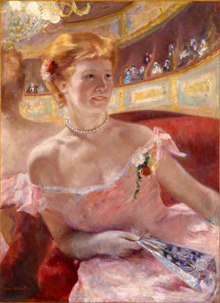 Woman with a Pearl Necklace in a Loge,Kvinna med pärlhalsband i en loge,Mary Cassatt,Oljemålning,Oljemålning