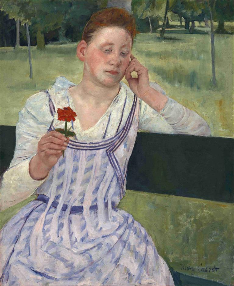 Woman with a Red Zinnia,Kvinna med en röd Zinnia,Mary Cassatt,Oljemålning,Oljemålning, håller blomma, blomma