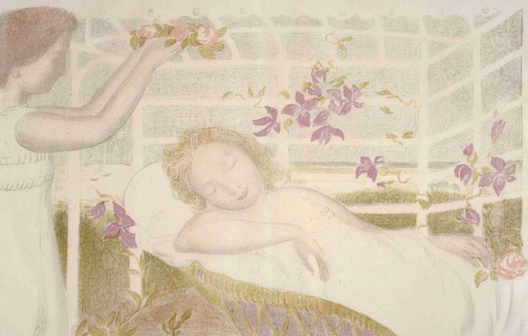 Allégorie,Maurice Denis,Illustration,Illustration, flower, 1girl, closed eyes, sleeping, pink flower, plant