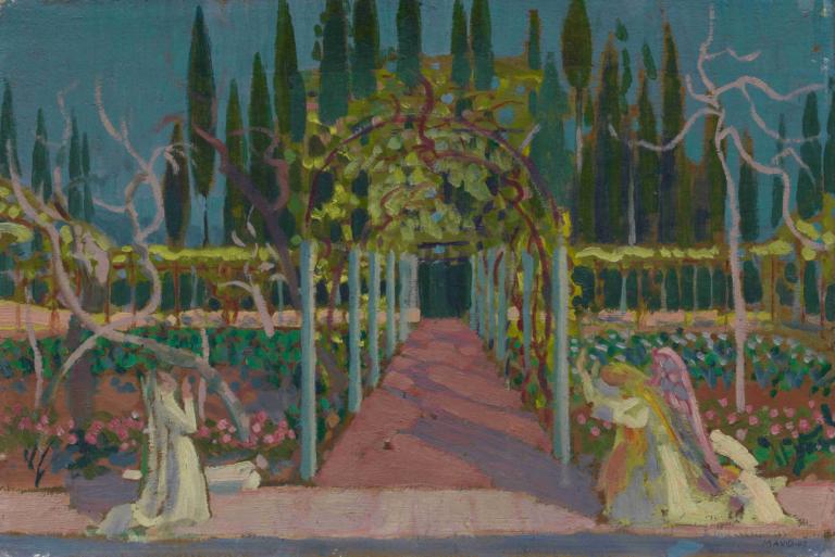 Annunciation,수태고지,Maurice Denis,모리스 데니스,일러스트레이션,일러스트레이션, 옥외, 나무, 포켓몬 (생물), 꽃, 식물, 좌석, 인간은 없어, 부시, 서명