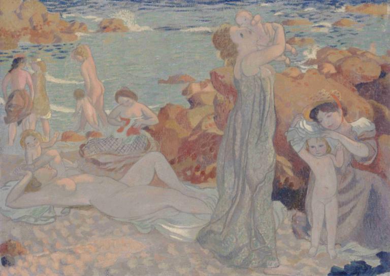 Baigneuses, plage du Pouldu,Maurice Denis,Illustration,Illustration, fine art parody, multiple girls