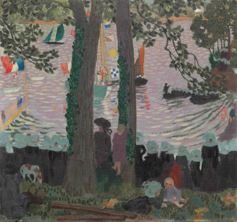 Blessing of a Yacht on the Belon River,Maurice Denis,Illustration,Illustration, tree, multiple girls