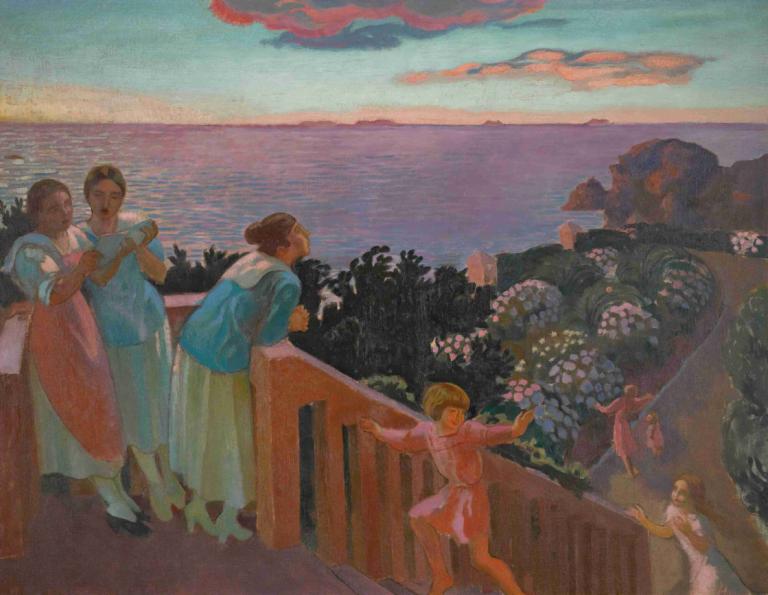 Crépuscule Aux Hortensias,绣球花的黄昏,Maurice Denis,莫里斯-丹尼斯,插画,插画, 多个女孩, 花, 裙子, 棕色的头发, 户外, 云, 短发, 日落, 传统媒体, 海洋