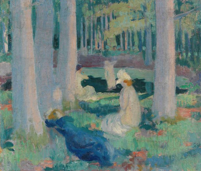 Dans la Forêt (Baignade à la Mare aux Canes),在森林里（在马雷辅坎斯游泳）,Maurice Denis,莫里斯-丹尼斯,插画,插画, 自然, 户外, 树, 森林, 草