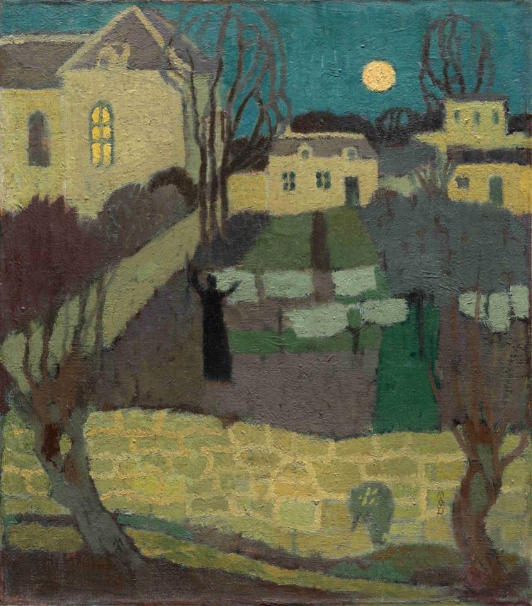 Drying the Linen, or Moonrise at the Priory,Maurice Denis,Illustration,Illustration, tree, moon, outdoors