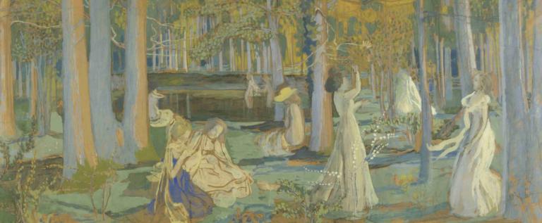 Esquisse pour le 'Jeu de volant' ; Le bois sacré,方向盘游戏 "草图；神圣之木,Maurice Denis,莫里斯-丹尼斯,插画,插画, 长发, 天使, 树, 多个女孩