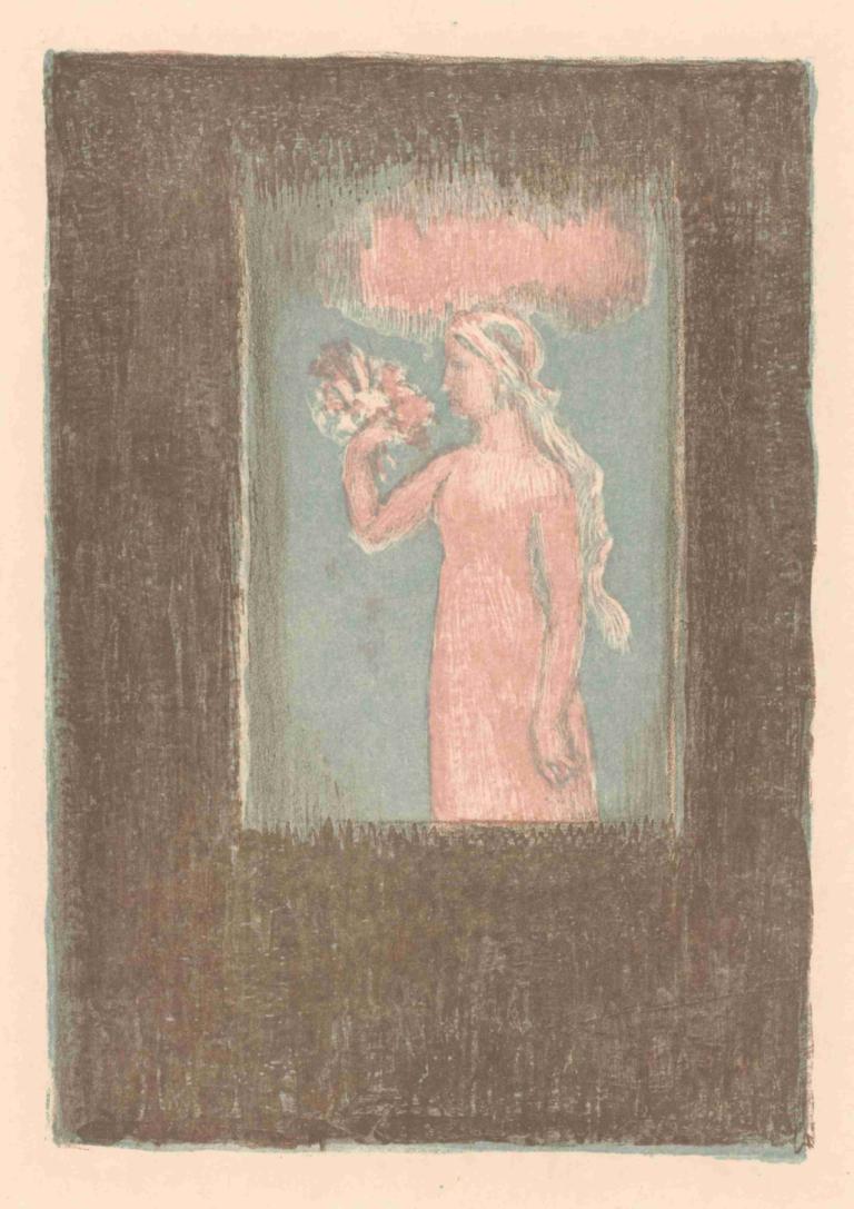 Jong meisje met bloemen voor een venster,窗前鲜花少女,Maurice Denis,莫里斯-丹尼斯,插画,插画, 独奏, 长发, 1个女孩, 花, 保持, 裸体, 轮廓, 拿着花