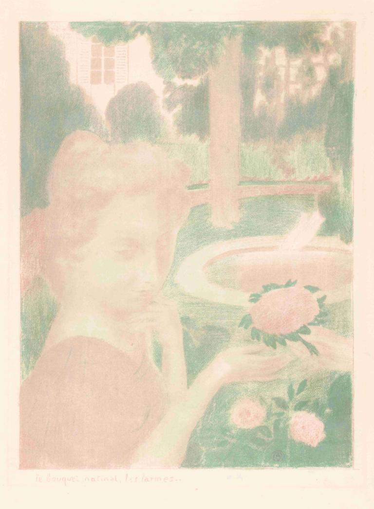 Jonge vrouw krijgt bloemenboeket in een tuin,年轻女子在花园里接受花束,Maurice Denis,莫里斯-丹尼斯,插画,插画, 花, 1个女孩, 独奏, 边界, 保持