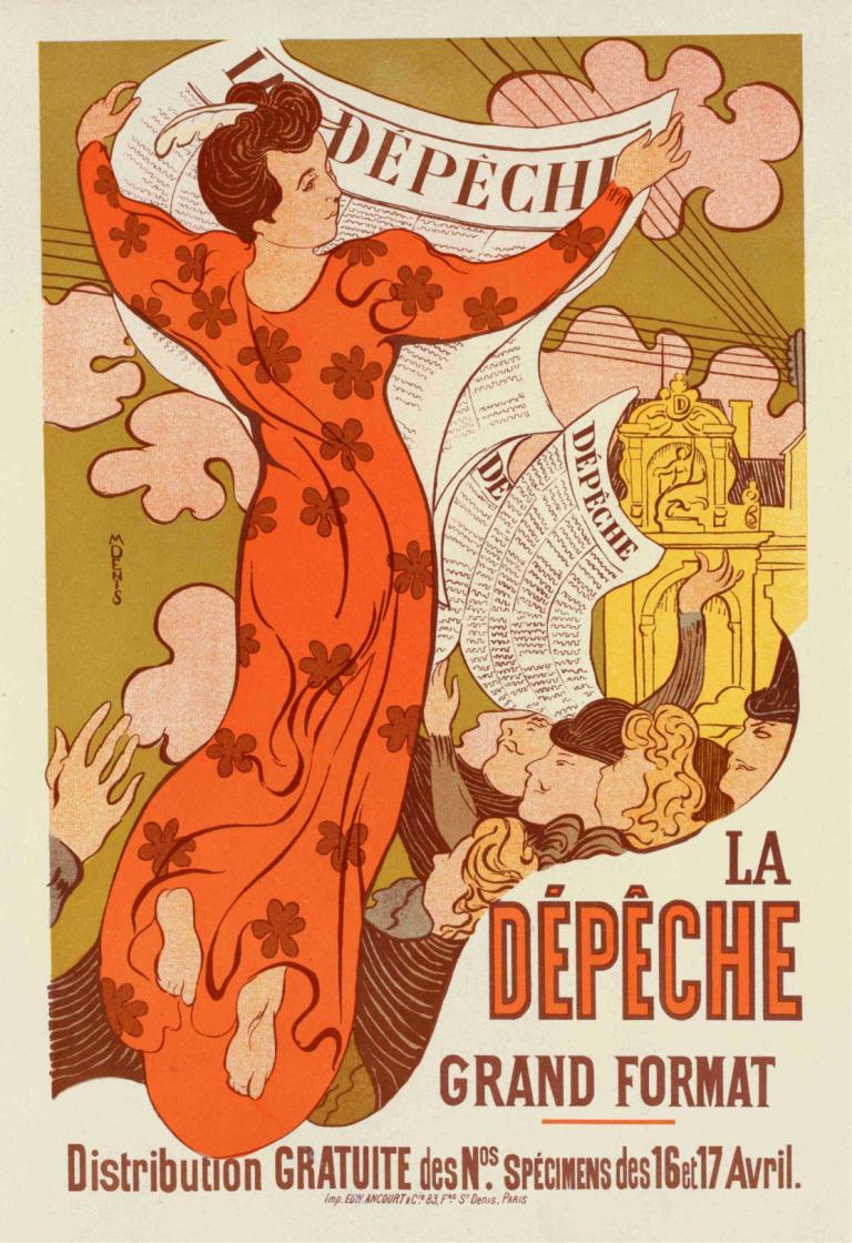 La Dépêche De Toulouse,图卢兹之夜,Maurice Denis,莫里斯-丹尼斯,插画,插画, 英文文本, 裙子, 美术模仿, 红色礼服, 赤脚, 长袖, 1个女孩, 闭着眼睛, 黑发, 戏仿