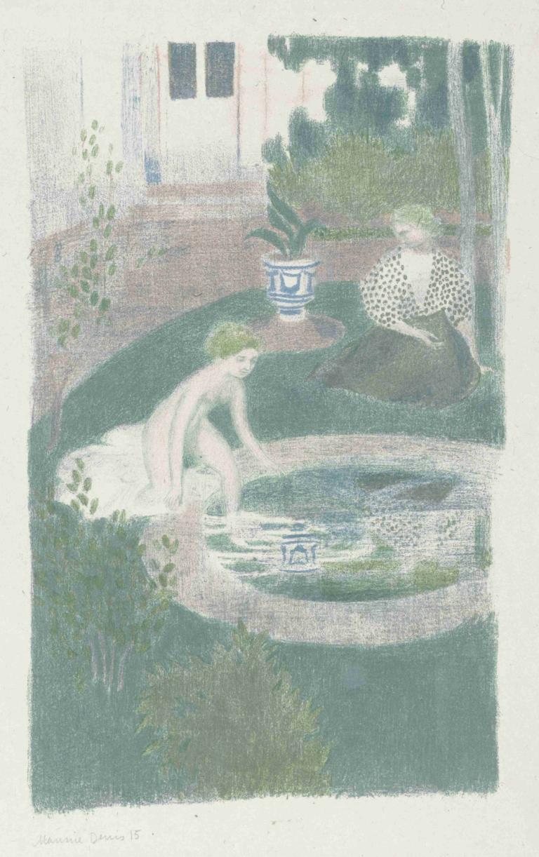 Le reflet dans la fontaine,喷泉中的倒影,Maurice Denis,莫里斯-丹尼斯,插画,插画, 植物, 短发, 盆栽, 水, 边界, 窗户, 广角镜头, 叶子, 坐着, 轮廓, 裙子