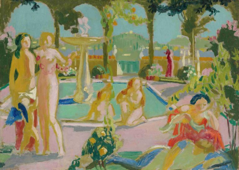 Les Jardins D'armide, Esquisse,Les Jardins D'armide，素描,Maurice Denis,莫里斯-丹尼斯,插画,插画, 多个女孩, 裙子, 长发, 假传统媒体, 花, 树