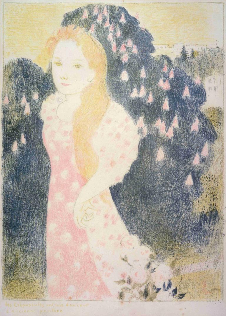 Les crépuscules ont une douceur d'ancienne peinture,暮色如古画般柔和,Maurice Denis,莫里斯-丹尼斯,插画,插画, 1个女孩, 独奏, 裙子, 长发, 花