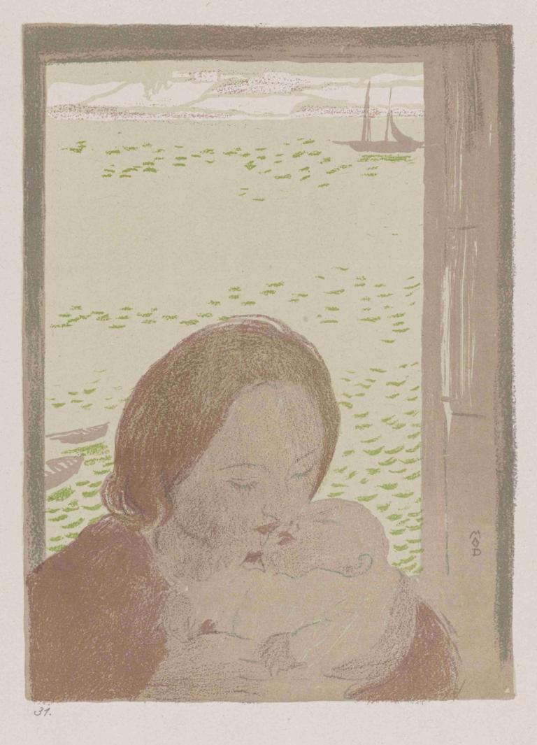 Maternité devant la mer, ou Maternité au Pouldu,Maurice Denis,Illustration,Illustration, 1girl, watercraft