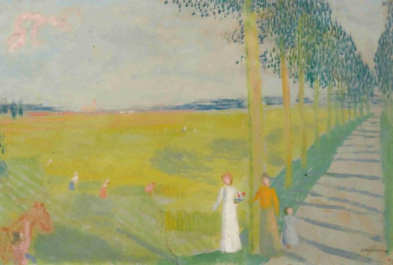 Paysage De Campagne,Maurice Denis,Illustration,Illustration, outdoors, dress, flower, white dress