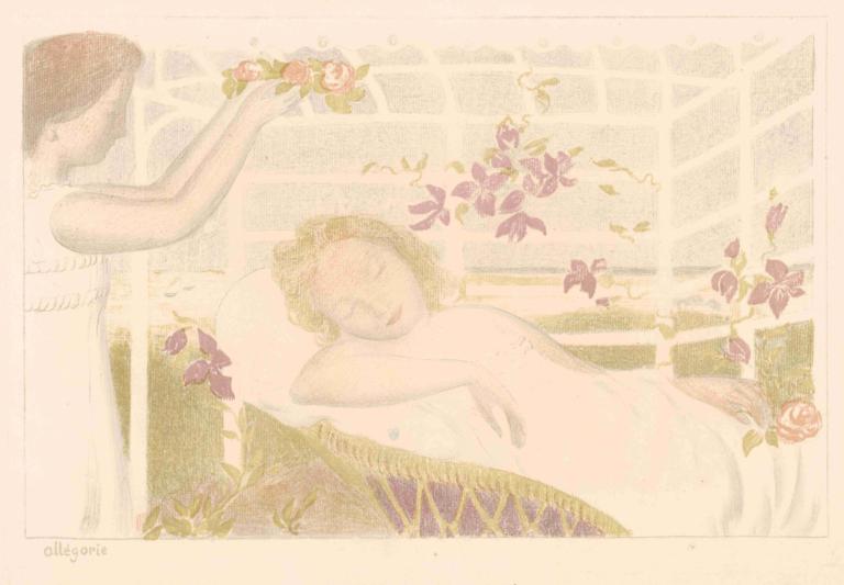 Slapend meisje krijgt bloemenkrans,Sovende jente mottar blomsterkrans,Maurice Denis,Illustrasjon,Illustrasjon