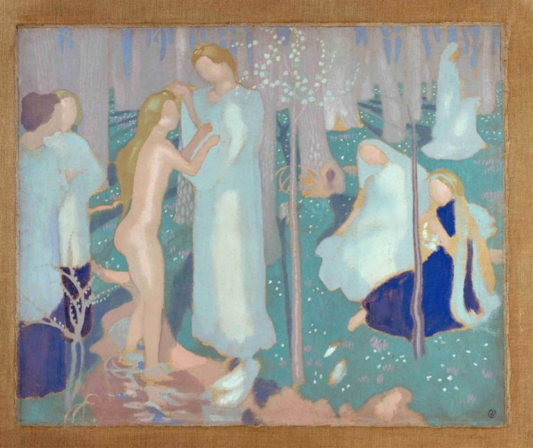 Springtime,春天,Maurice Denis,莫里斯-丹尼斯,插画,插画, 金头发, 长发, 裙子, 多个女孩, 水, 赤脚, 裸体, 坐着, 常设, 长裙, 涉水, 保持, 白色礼服, 边界, 3个女孩