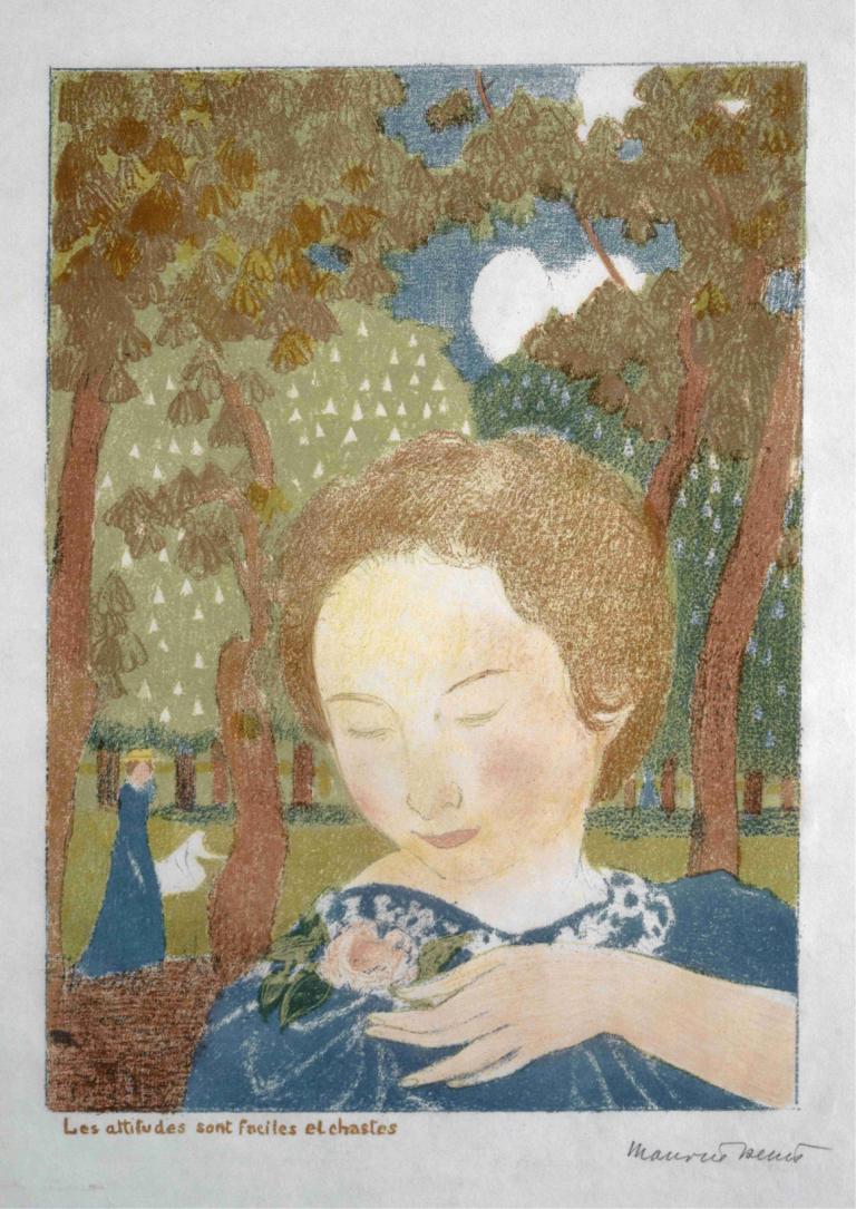 The Attitudes Are Informal And Chaste,态度非正式而贞洁,Maurice Denis,莫里斯-丹尼斯,插画,插画, 裙子, 叶子, 闭着眼睛, 树, 棕色的头发, 蓝色连衣裙, 花