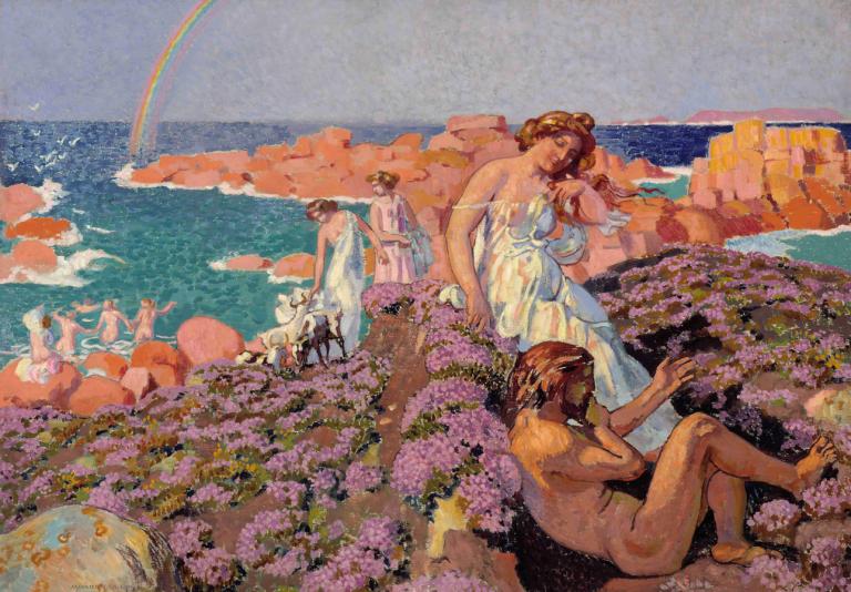 Ulysses With Calypso,尤利西斯与卡吕普索,Maurice Denis,莫里斯-丹尼斯,插画,插画, 彩虹, 美术模仿, 多个女孩, 裙子, 云, 棕色的头发, 裸体, 赤脚, 花, 白色礼服, 水