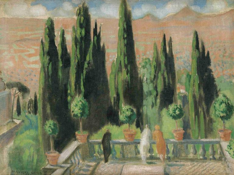 Villa D'este,德斯特别墅,Maurice Denis,莫里斯-丹尼斯,插画,插画, 绘画（中）, 户外, 风景, 植物, 传统媒体, 水彩（中）, 树, 天空, 1个女孩