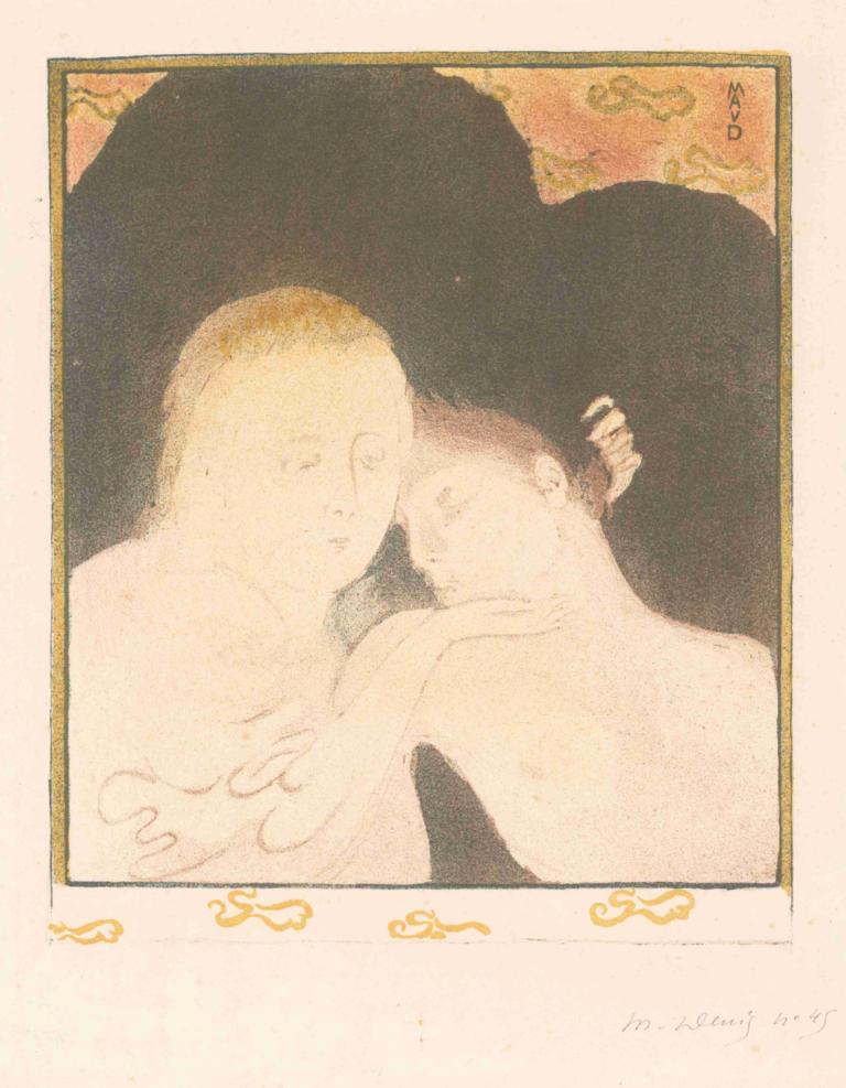 Vrouw koestert jongeman,女人珍爱年轻人,Maurice Denis,莫里斯-丹尼斯,插画,插画, 2个男孩, 多个男孩, 手放在别人的头上, 上半身, 男性焦点, 短发, 裸体, 闭着眼睛