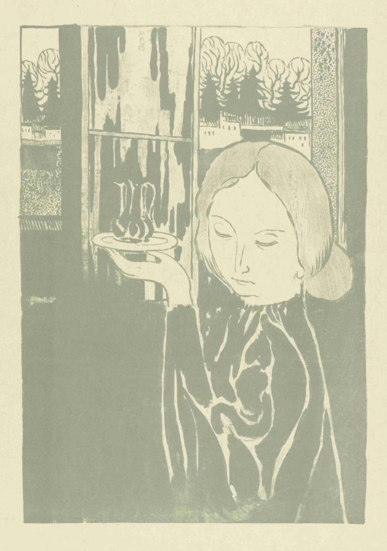 Vrouw met waterkan op dienblad,托盘上放着水壶的女子,Maurice Denis,莫里斯-丹尼斯,插画,插画, 独奏, 闭着眼睛, 单色, 花, 长袖, 上半身, 保持, 短发, 1个女孩