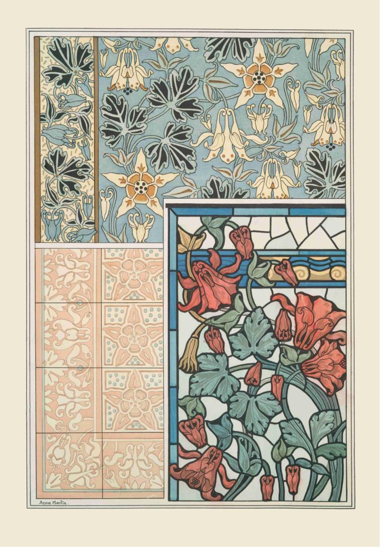 Ancolie 3,Maurice Pillard Verneuil,Illustrasjon,Illustrasjon, blomst, rød blomst, blad, ingen mennesker