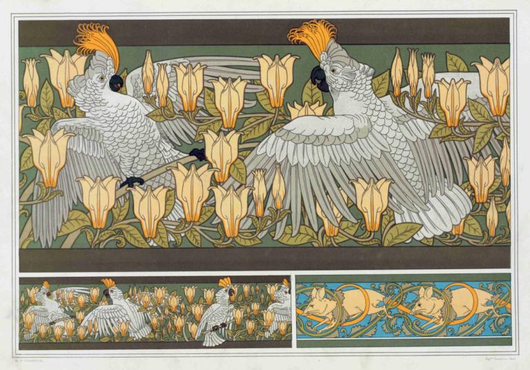 Cacatoës et magnolia, bordure. Souris blanches.,カカトエとモクレン、境界線。白いネズミ。,Maurice Pillard Verneuil