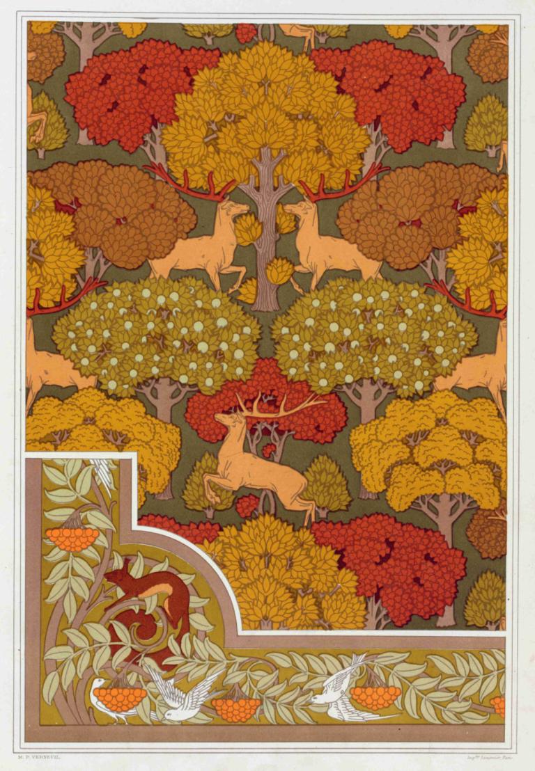 Cerfs et arbres, papier peint. Écureuil oiseaux et sorbier, bordure.,Hjorte og træer