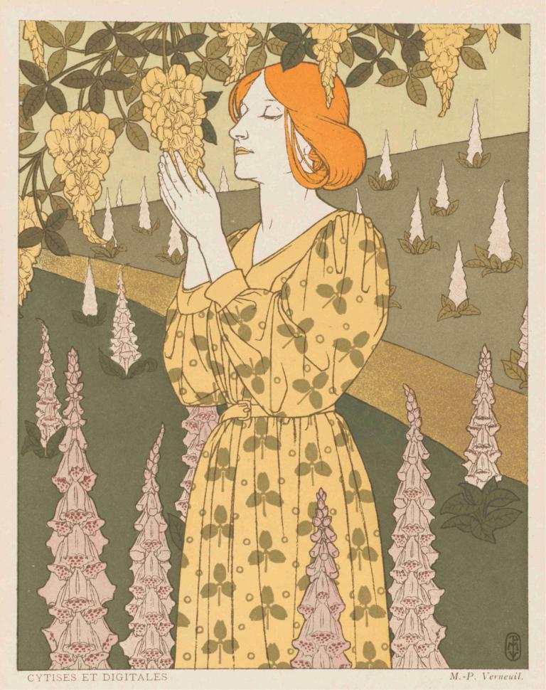 Cytises et Digitales,Maurice Pillard Verneuil,Illustration,Illustration, 1girl, candle, solo, dress