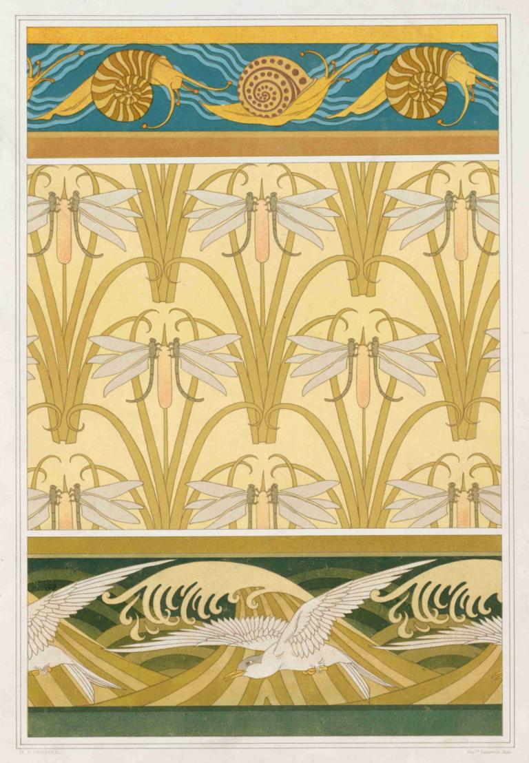 Escargots, bordure. Libellule et roseaux, papier peint. Mouettes, bordure.,Salyangozlar