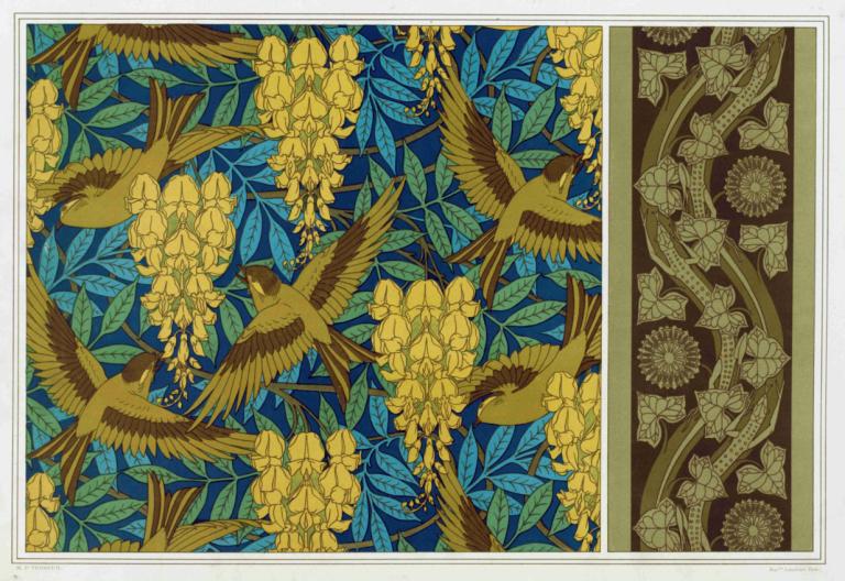 Oiseaux et glycines, tenture. Lézards et lierre, bordure.,Vogels en blauwe regen