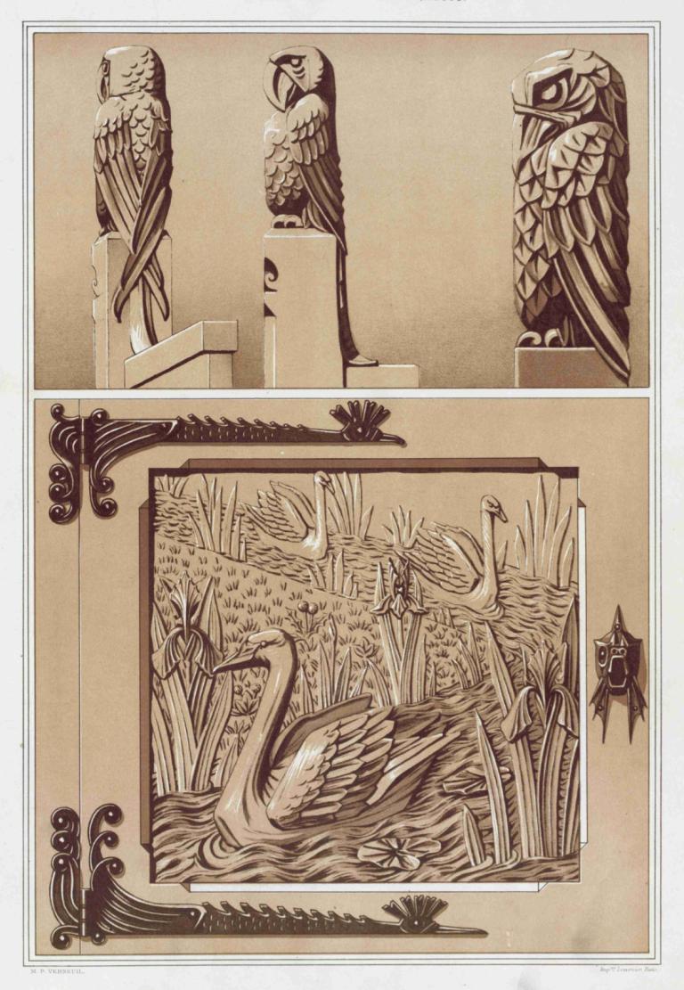 Perroquets, aigle, bois sculpté. Cygnes et iris, porte en bois sculpté.,Papugi, orzeł