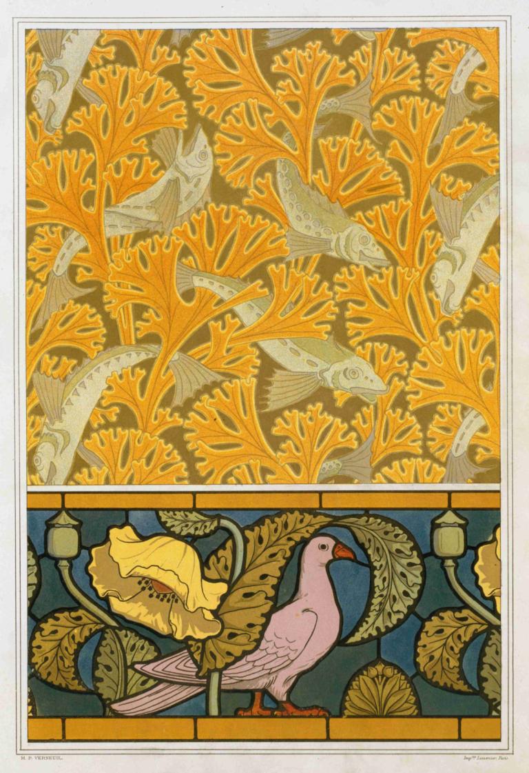 Poisson et algues, papier peint; pigeon et pavots, bordure de vitrail,Maurice Pillard Verneuil,Illustration