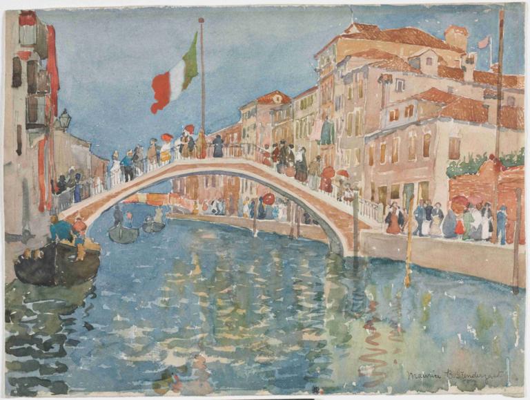 A Bridge In Venice,Maurice Prendergast,Oil Painting,Oil Painting, boat, watercraft, flag, outdoors, water