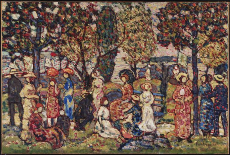 Autumn,Maurice Prendergast,Oil Painting,Oil Painting, tree, multiple girls, kimono, outdoors