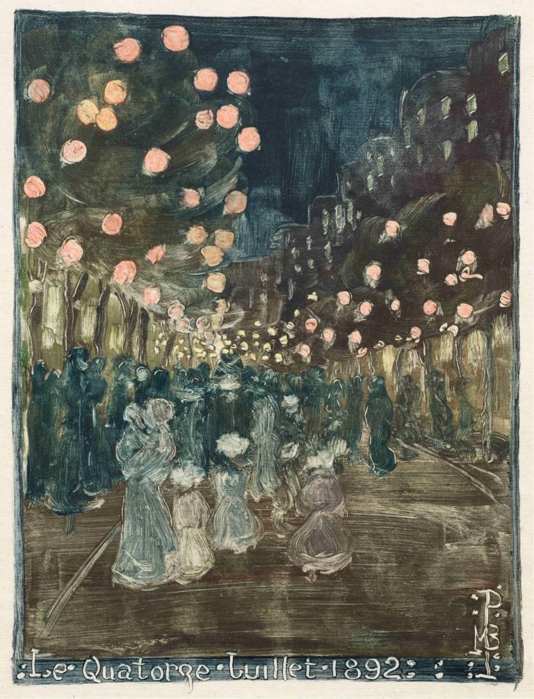 Bastille Day,Maurice Prendergast,Oil Painting,Oil Painting, multiple girls, crowd, outdoors, people, lantern