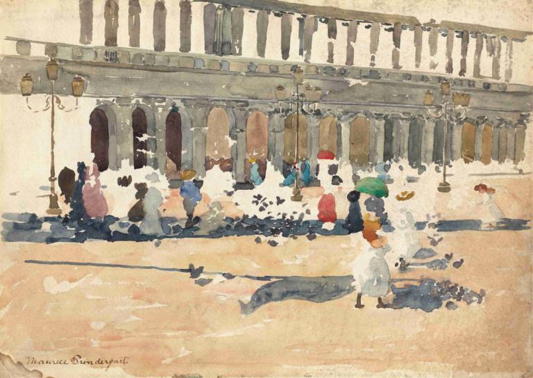 Caffè Florian in Venice,Maurice Prendergast,Oil Painting,Oil Painting, black hair, painting (medium), dress