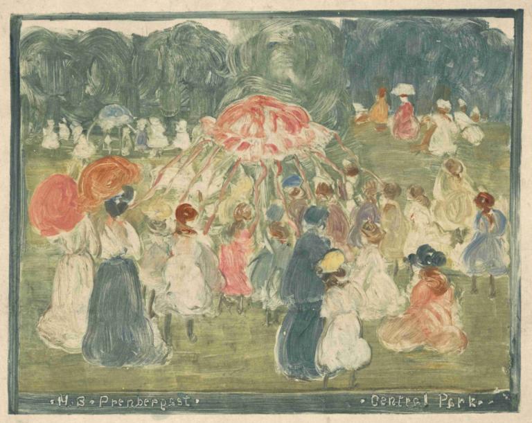 Central Park,Maurice Prendergast,Oil Painting,Oil Painting, multiple girls, 6+girls, dress, long hair