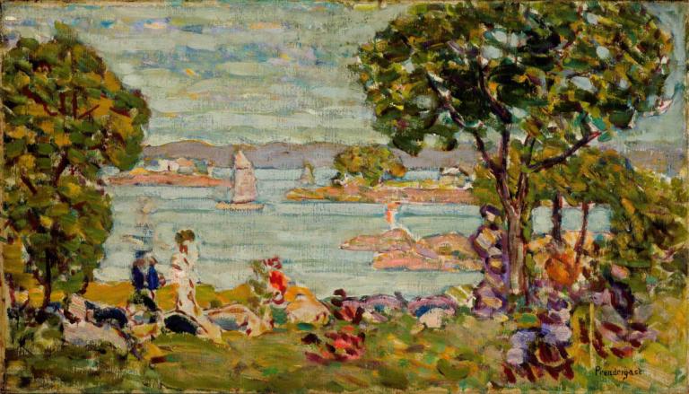 Cove, Maine,Maurice Prendergast,Oil Painting,Oil Painting, tree, outdoors, water, sitting, river, scenery