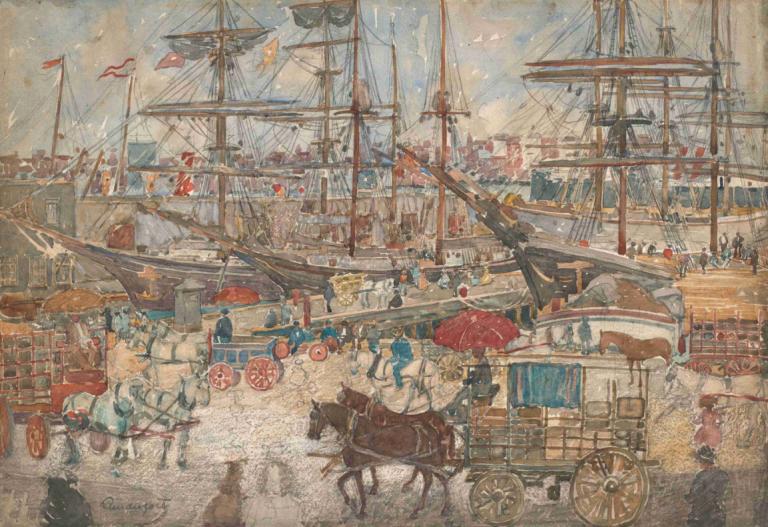 Docks,East Boston,Maurice Prendergast,Oil Painting,Oil Painting, ground vehicle, multiple boys, scenery