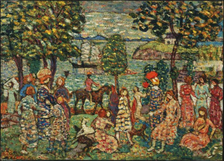 Fantasy,Maurice Prendergast,Oil Painting,Oil Painting, multiple girls, tree, 6+girls, dress, multiple boys