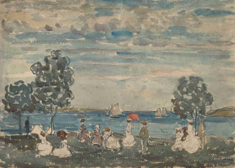 Figures on a Beach,Maurice Prendergast,Oil Painting,Oil Painting, outdoors, tree, watercraft, cloud, boat