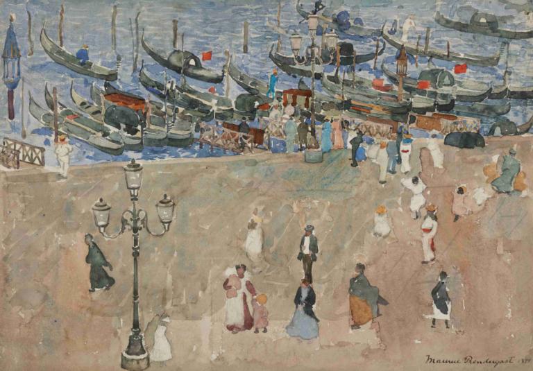 Gray Day, Venice,灰色的一天，威尼斯,Maurice Prendergast,莫里斯-普伦德加斯特,油画,油画, 船只, 船, 船, 多个男孩, 6+男孩, 传统媒体, 多个女孩, 绘画（中）, 裙子