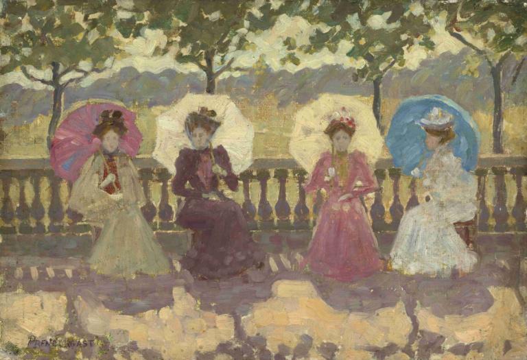 In the Park,Maurice Prendergast,Oil Painting,Oil Painting, dress, multiple girls, umbrella, tree, holding