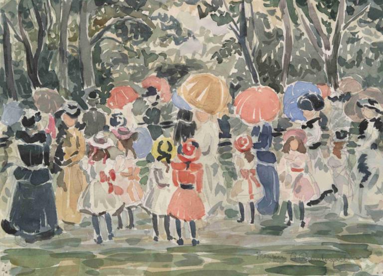 In the Park,Maurice Prendergast,Oil Painting,Oil Painting, multiple girls, dress, hat, brown hair, tree